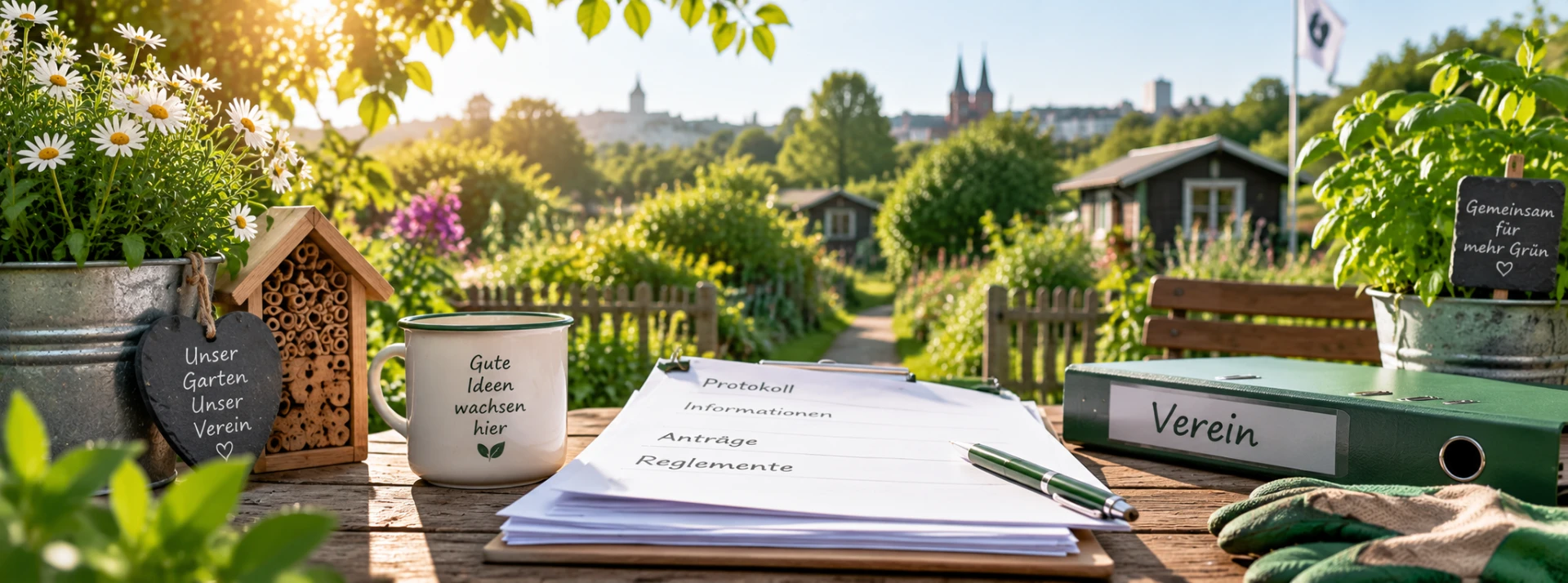 Gartentisch mit Vereinsordner, Unterlagen und Blumen vor Gartenanlage
